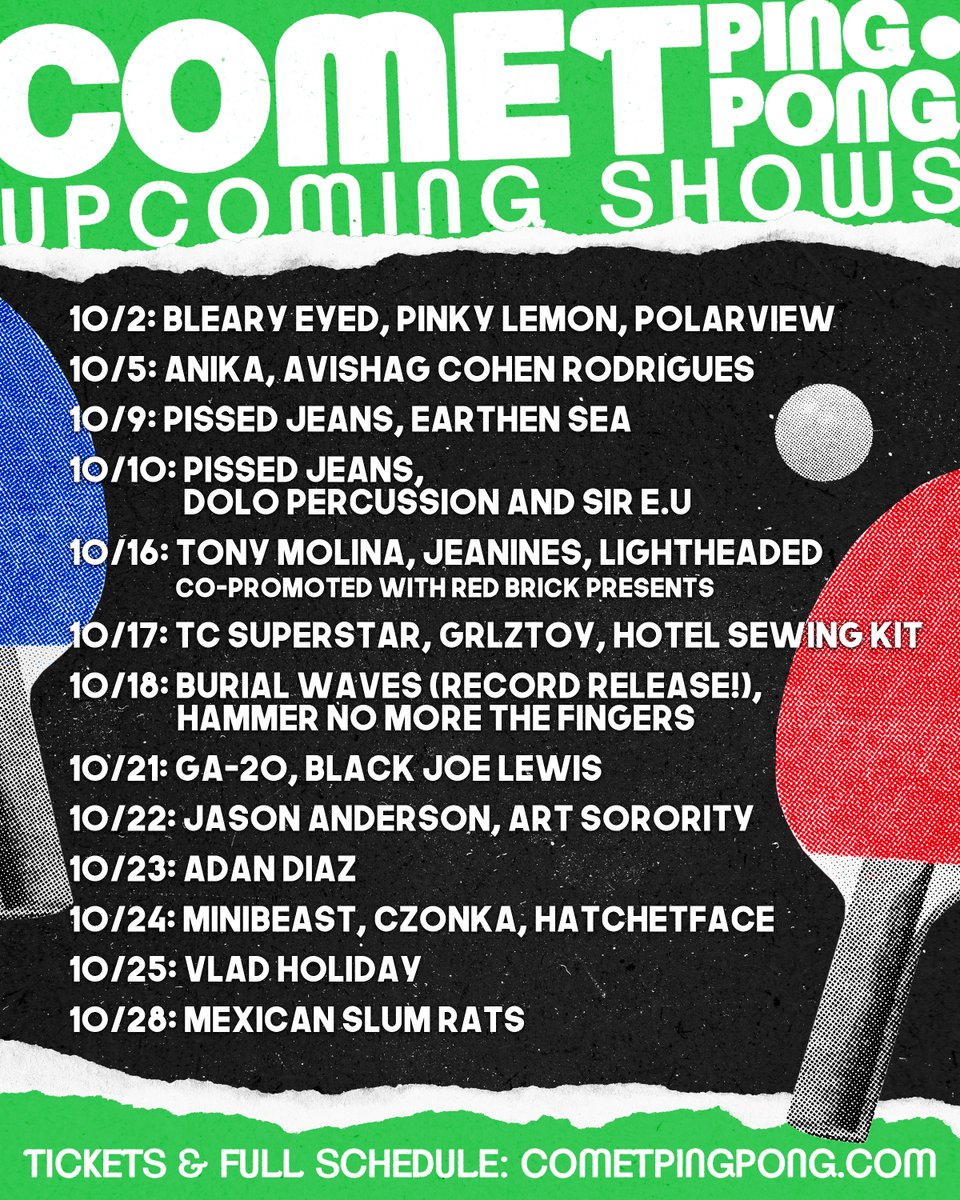 🏓UPCOMING SHOWS🏓
This month at Comet!

Check out the full schedule and grab tickets 👇
🎟: cometpingpong.com/livemusic