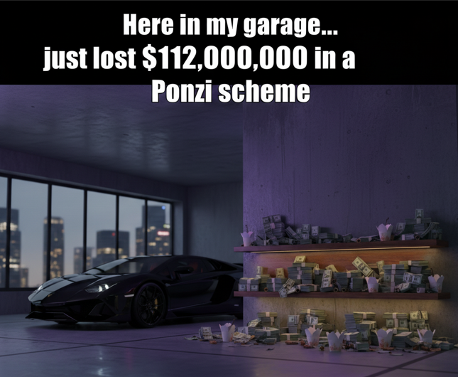 UselessUnvrse's tweet photo. Here in my garage…  
just lost $112,000,000 in a Ponzi scheme.  
But you know what I value more than money?  
Other people’s money.  

cc: @tailopez https://t.co/Zi0h5ZyLAu