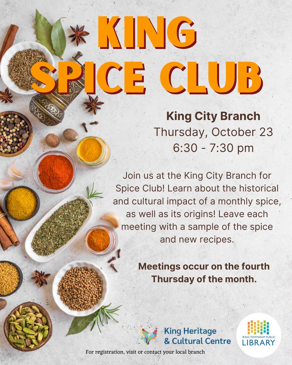KingLibraries's tweet image. Are you wondering what to do with the countless spice jars in your drawer?
Join Spice Club and we&apos;ll walk through a new spice each month - how it&apos;s grown, historical uses, and new recipes. 👩‍🍳👨‍🍳

#SpiceClub @KingMuseum  #KingLibraries #KingTownship