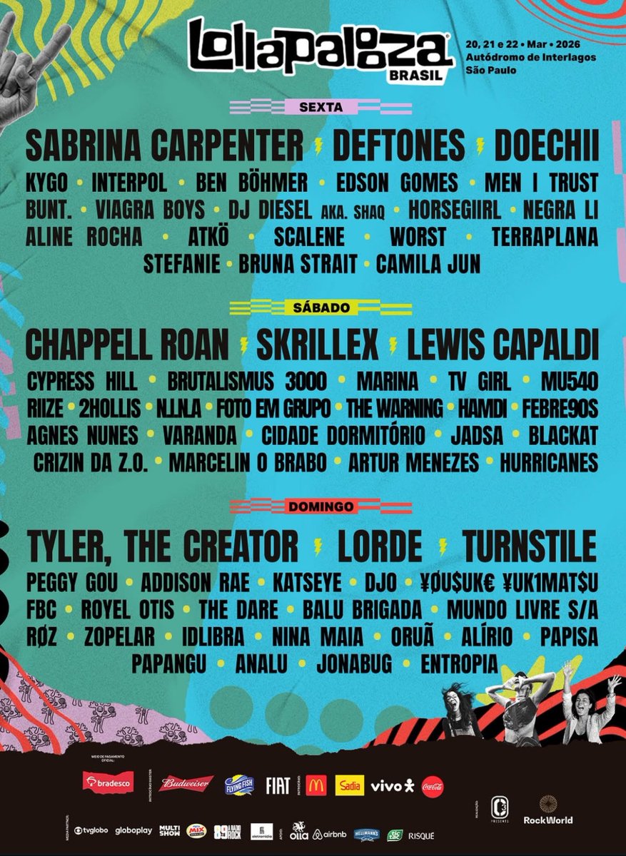 O povo reclamando sendo que a org tem todo um malabarismo. Lolla Chile e Argentina são simultâneos, o Brasil alterna artistas com o Festival Estéreo Picnic, da Colômbia. Eles tentam encaixar conforme a agenda (Chappell Roan não vai pra Colombia, e foi um respiro pro sábado aqui)