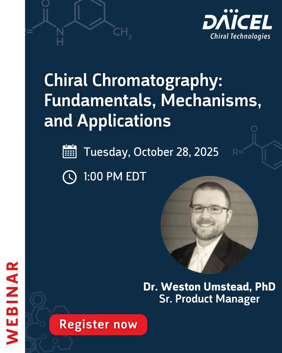 ChiralTech's tweet image. The difference between a cure and a side effect? 👉 Chirality.
Learn why chiral chromatography matters in our free webinar with Dr. Weston Umstead.

📅 Oct 28 | 🕐 1 PM ET
🔗 Register: attendee.gotowebinar.com/register/83173…