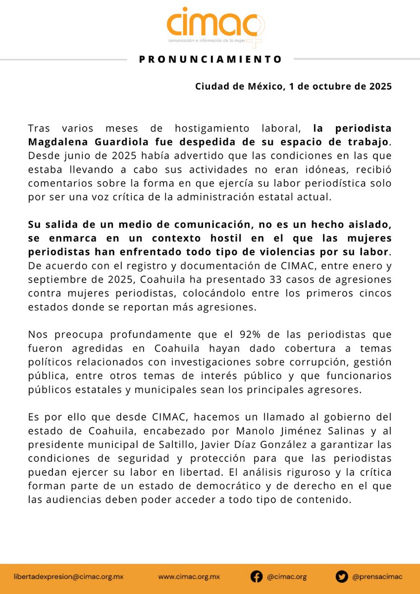 🟠 Pronunciamiento 
Tras varios meses de hostigamiento laboral, la periodista Magdalena Guardiola fue despedida de su espacio de trabajo. 
Hacemos un llamado al gobierno a garantizar las condiciones de seguridad y protección para que las periodistas puedan ejercer su labor en