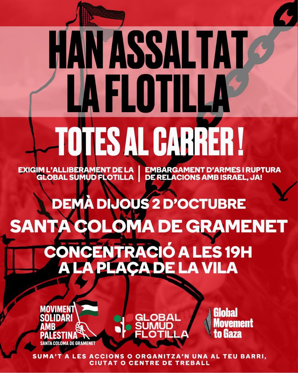 InfoGramenet's tweet photo. Tothom al carrer!!
#FreePalestine
#FreeFlotilla
#StopGenocidi
#BoicotIsrael
#EmbargamentTotalIsrael https://t.co/NmHI2kFgRh