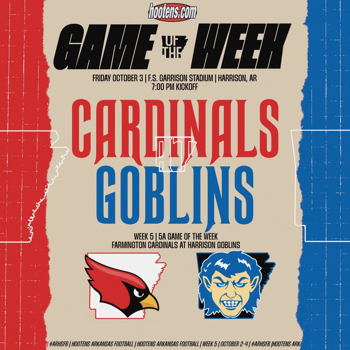 Hootens 5A Game of the Week | #4 Farmington (3-1) at #12 Harrison (1-3)

Harrison has won 8 of the past 12 against Farmington, but the Cardinals won 38-14 last fall: hootens.com/class-5a-week-…
