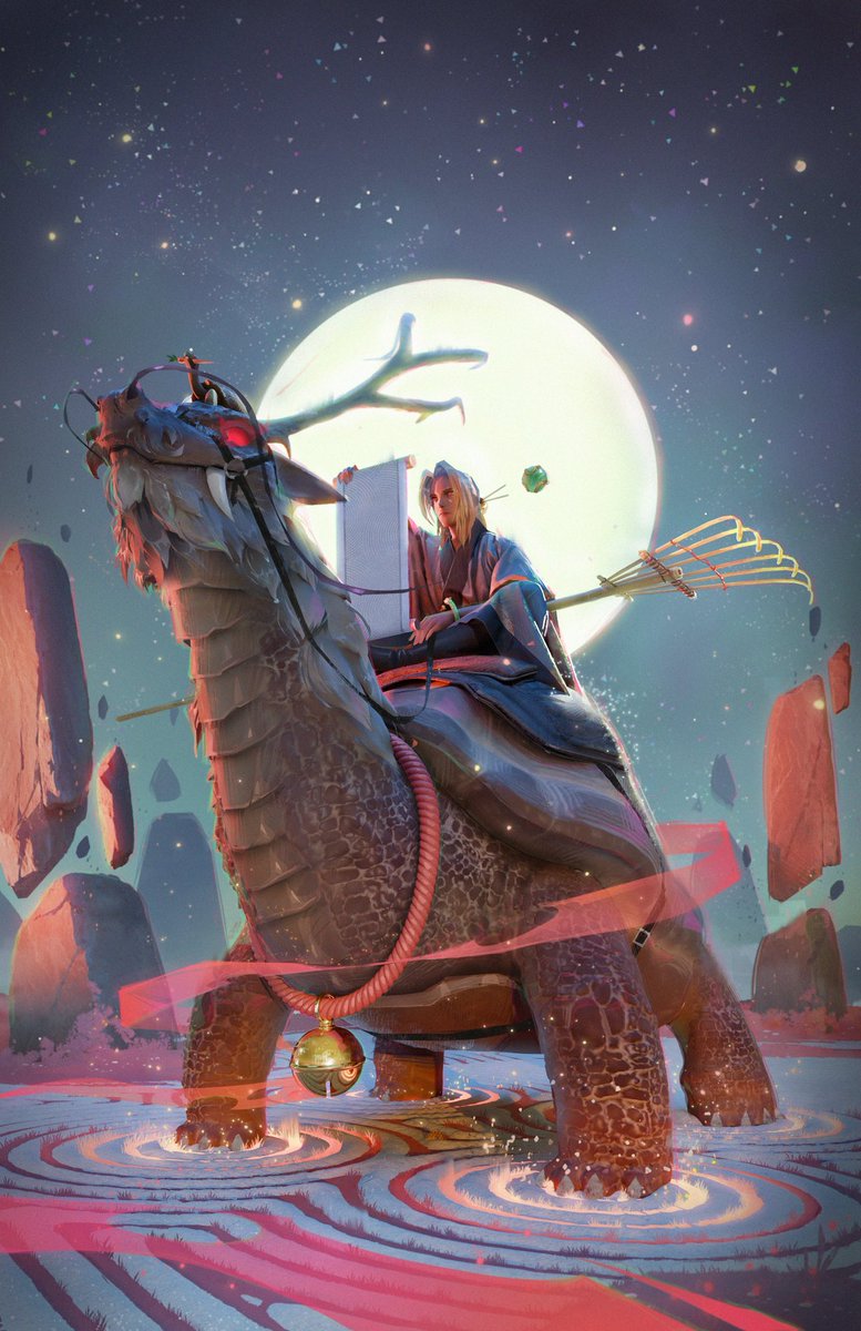 This 11yo wizard  loves long walks on top of his turtle and harvesting mana from the world. He also moonlights as a gardener which his incredibly long rake.