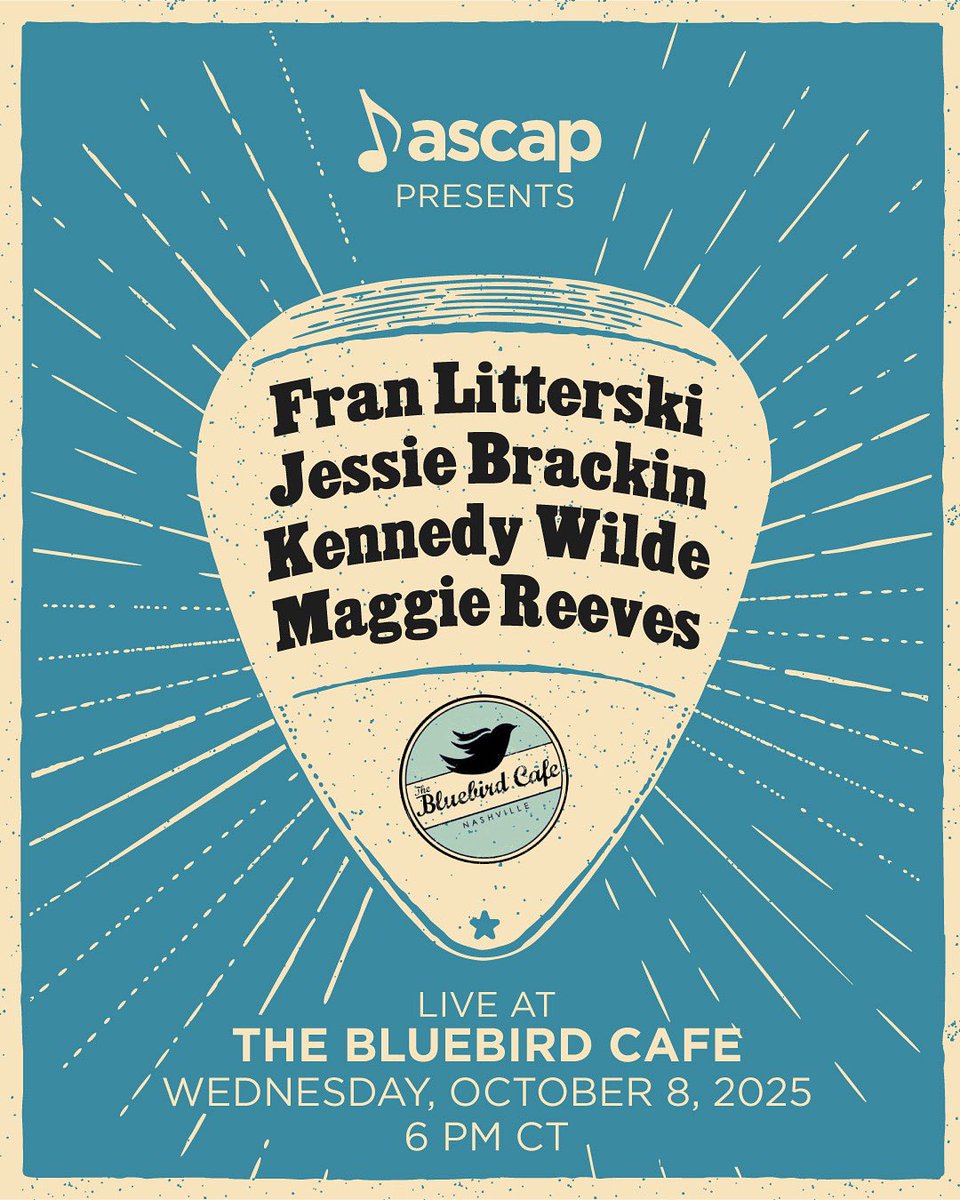 ASCAP's tweet photo. Discover your next favorite songwriter at ASCAP’s showcase at the Bluebird Cafe 🎶✨ Join us for an intimate evening of songs and stories on Wednesday, October 8 at 6PM CT.
#ASCAPMember #BluebirdCafe #Nashville #MusicCity https://t.co/cqxuhKJdfc