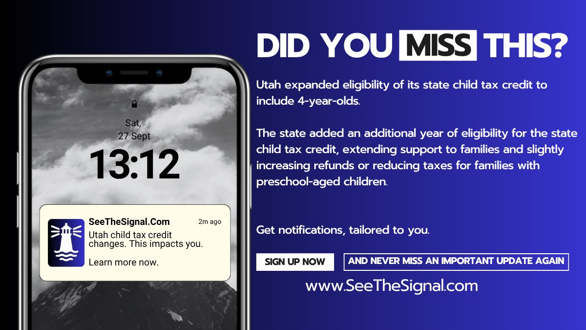 AmericaNotified's tweet image. Utah state makes changes to child tax credit. Did you miss this? (we didn't).

Get personalized notifications to your circumstances by signing up at SeeTheSignal.com

#taxes #utah #parenthood #children