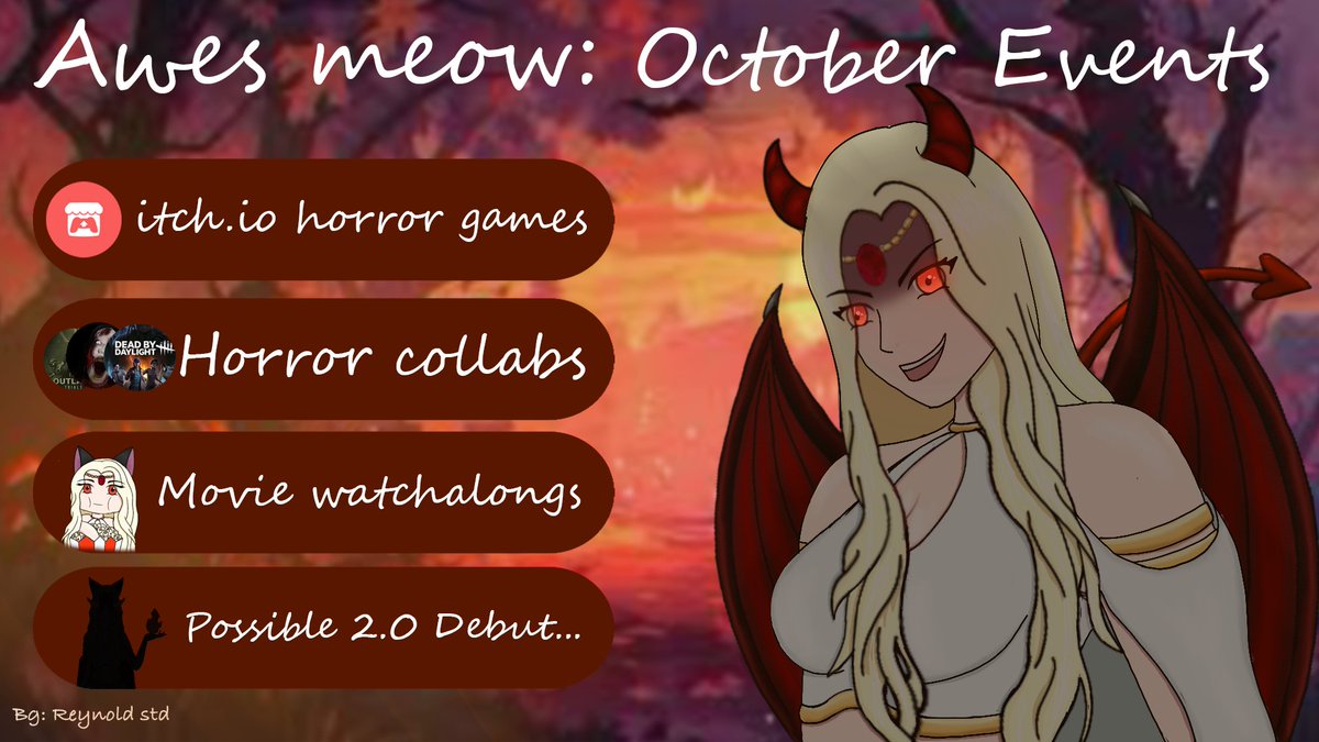 AwesMeow's tweet photo. OCTOBER SCHEDULEE
we've got lots planned for october between spooky playthroughs, movie watch alongs, horror collabs, and itch io free games
AND THEN WE'LL END OFF THE MONTH WITH MY 2.0 VTUBER DEBUT!!!
https://t.co/1ndYr5kQbd
#twitch #vtuber #halloween https://t.co/878bJzgl9u