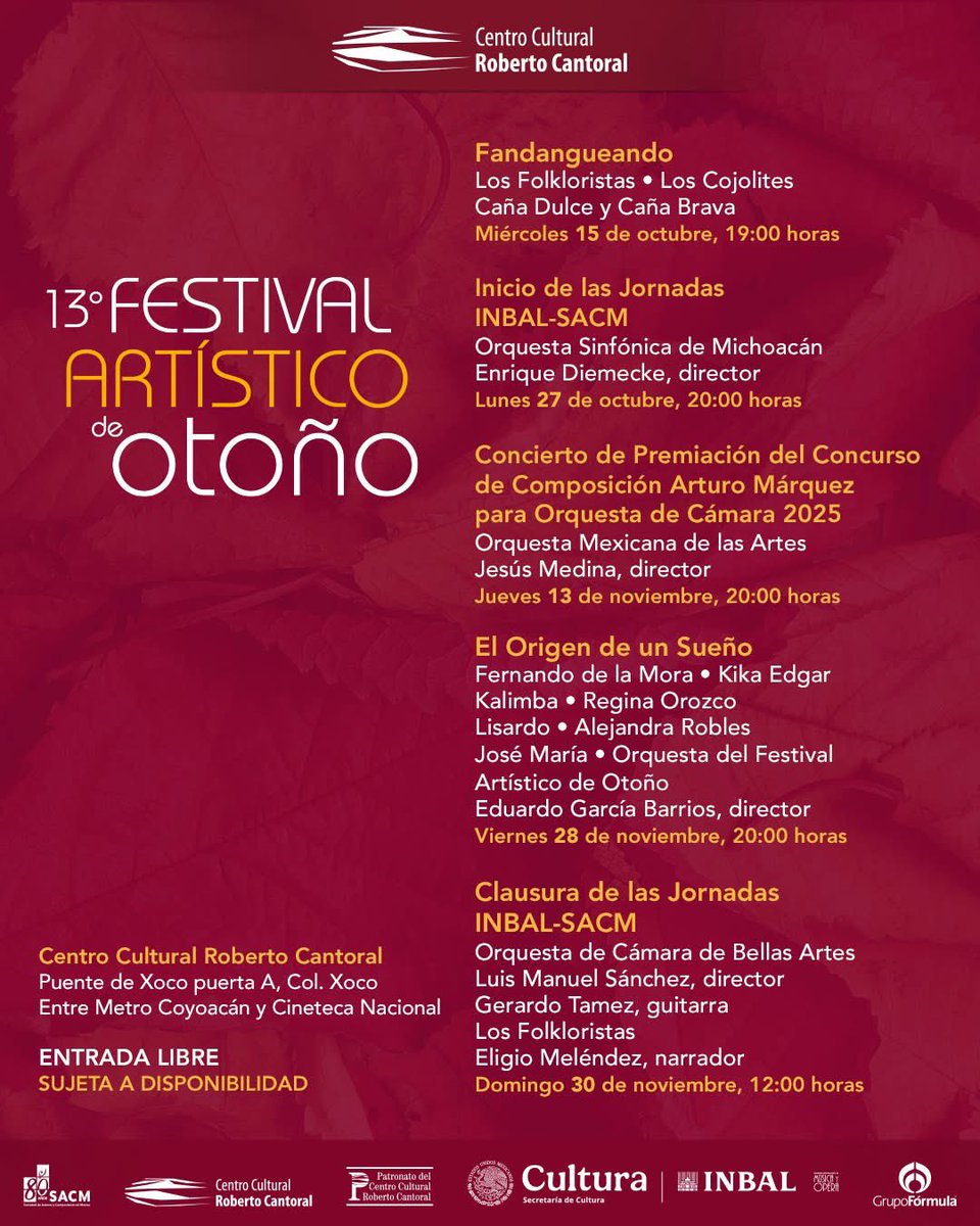 Los esperamos !!!!
13.º Festival Artístico de Otoño (FAO)
Miércoles 15 de octubre, 19:00 horas.
•⁠  ⁠“Fandangueando” Los Folkloristas • Los Cojolites.
<a href="/elcantoral_/">El Cantoral</a> 
ENTRADA LIBRE