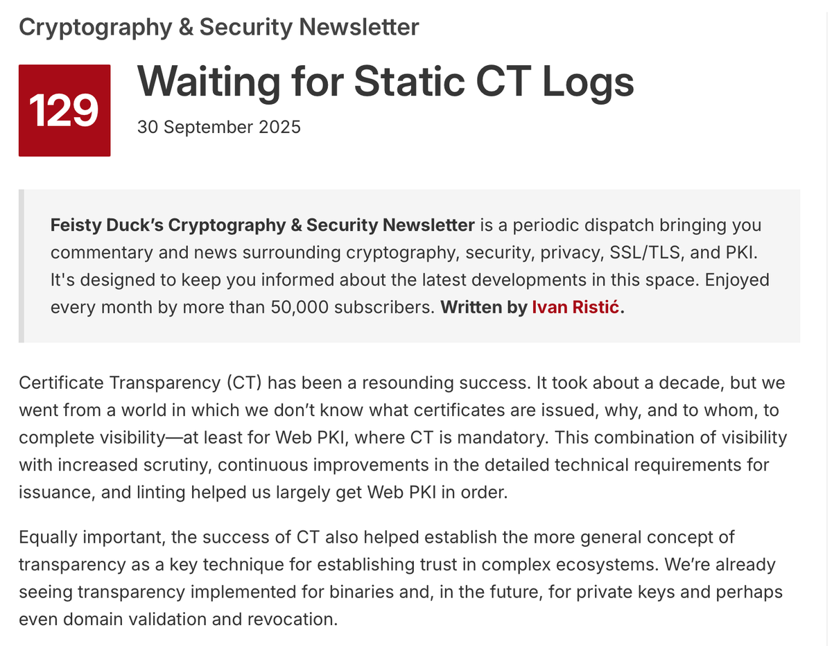 Cryptography and Security Newsletter: Waiting for Static CT Logs feistyduck.com/newsletter/iss…