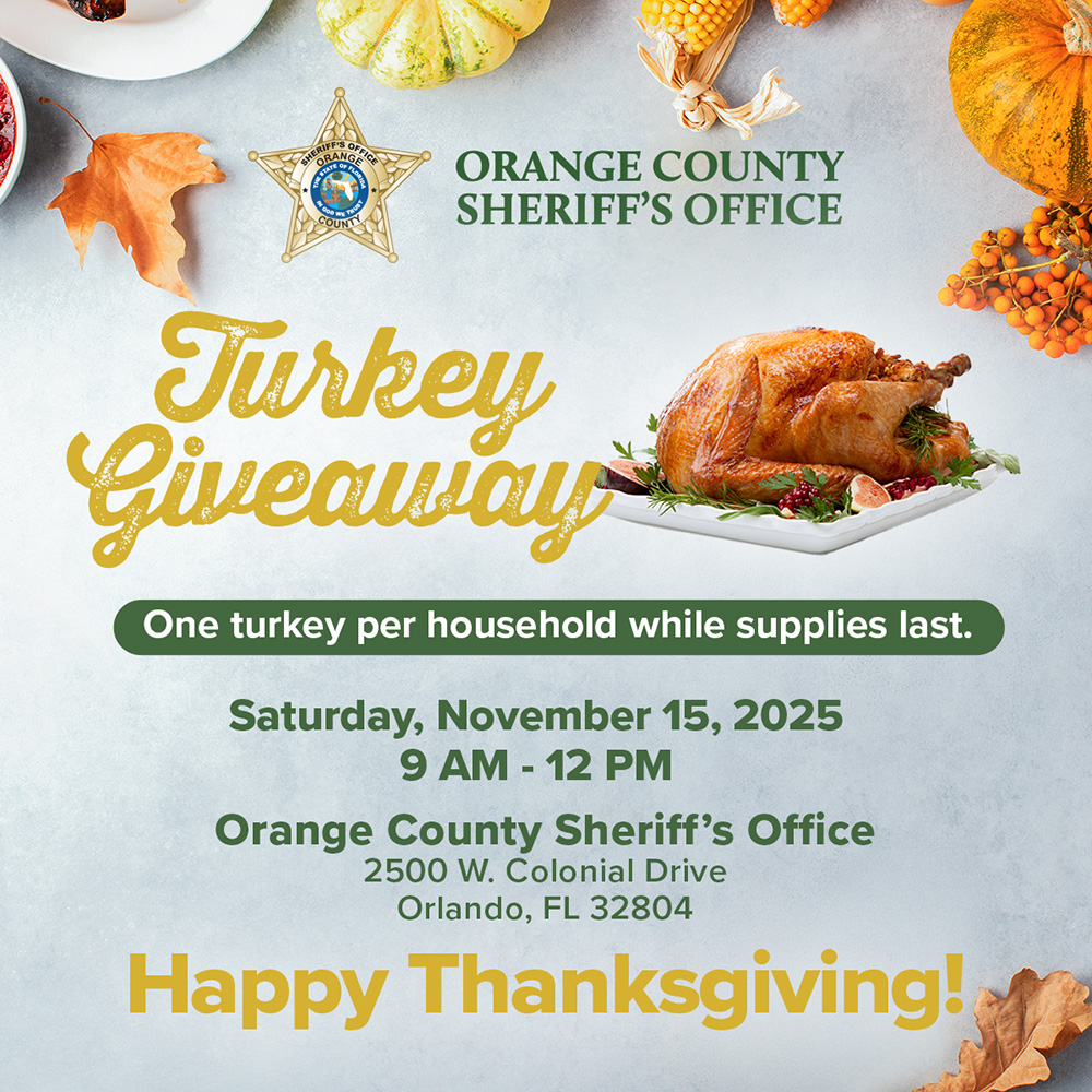 Join us for our Annual Thanksgiving Giveaway on Saturday, November 15, starting at 9:00 a.m. at our Central Operations Center (2500 W. Colonial Drive, Orlando). 🦃

We’ll be giving away turkeys while supplies last! Don’t miss this opportunity to kick off the season with gratitude
