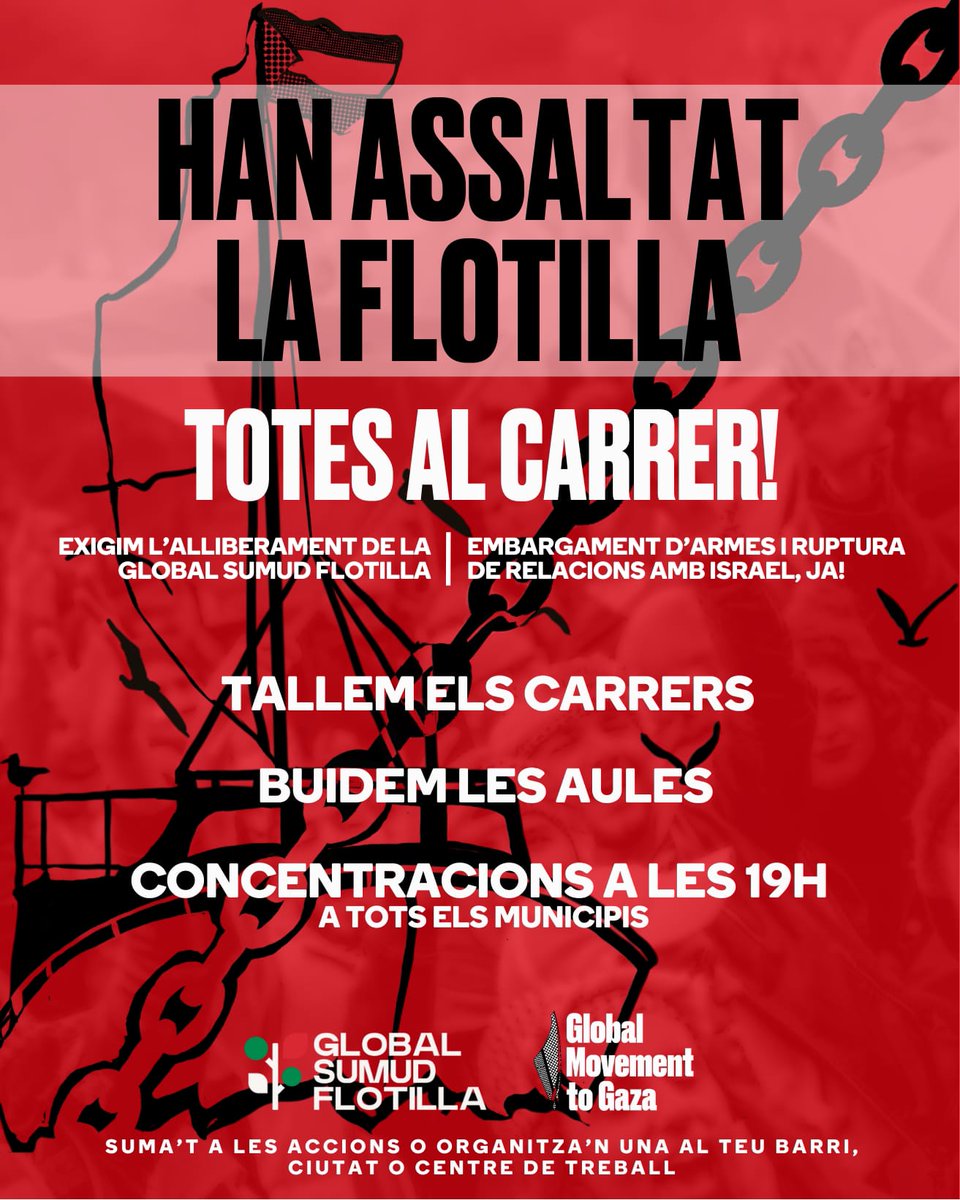 🔴 *Han ASSALTAT la Flotilla, al Garraf ens trobem DIJOUS 2 D'OCTUBRE a les 19h* . ✊🏽

 CONCENTRACIONS! 🇵🇸

📌 Vilanova, Plaça de la Vila
📌 Sitges, Plaça Cap de la Vila
📌 Ribes, Plaça de la Vila
📌 Les Roquetes, Plaça Vinya d'en Petaca