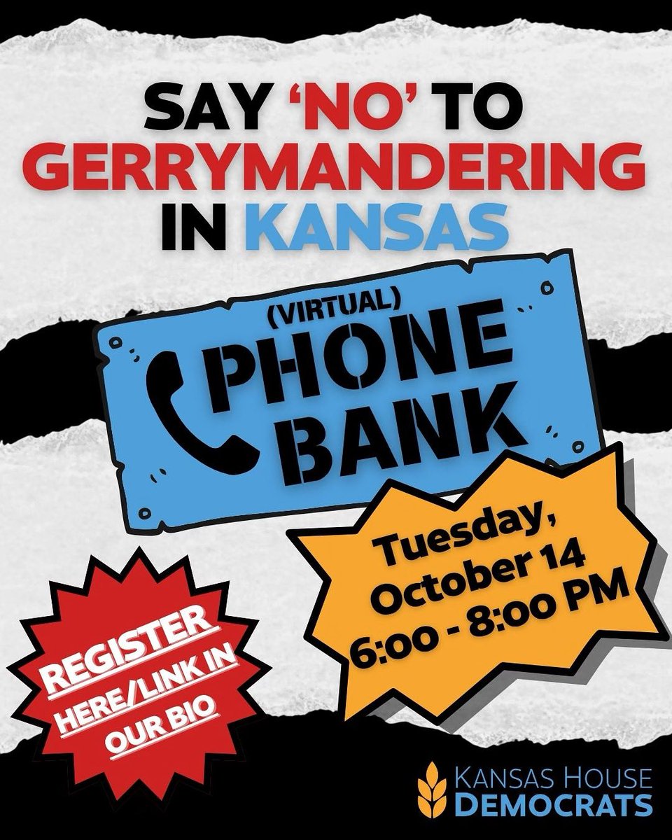 NEXT PHONE BANK: Kansas Republicans are trying to call for a special session to redraw our state’s congressional maps. 

Voters should pick their representatives, not the other way around.

Register at the link in our bio 🔗 #ksleg #gerrymandering

secure.ngpvan.com/9kQlQ4jqGECTkS…