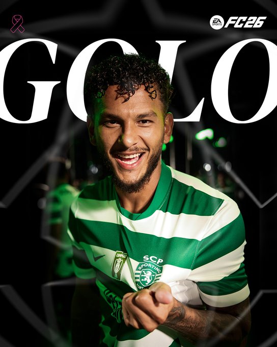 Pedro Gonçalves wearing a green and white striped Sporting CP jersey, smiling and pointing forward with his right hand. The background features a dark setting with green lighting and a hexagonal pattern. Text overlays include "GOLO" in large white letters and "EA FC25" in the top right corner.