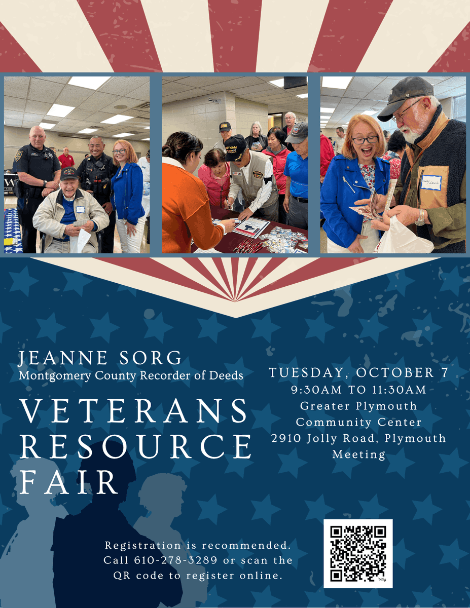 ICNconnections's tweet image. 🇺🇸 Register for the Veterans Resource Fair hosted by Montgomery County Recorder of Deeds!
📅 Oct. 7 | 🕤 9:30–11:30 AM
📍 Greater Plymouth Community Center, Plymouth Meeting
☎️ Questions? Call 610-278-3289.
#Montco #Veterans #CommunityResources