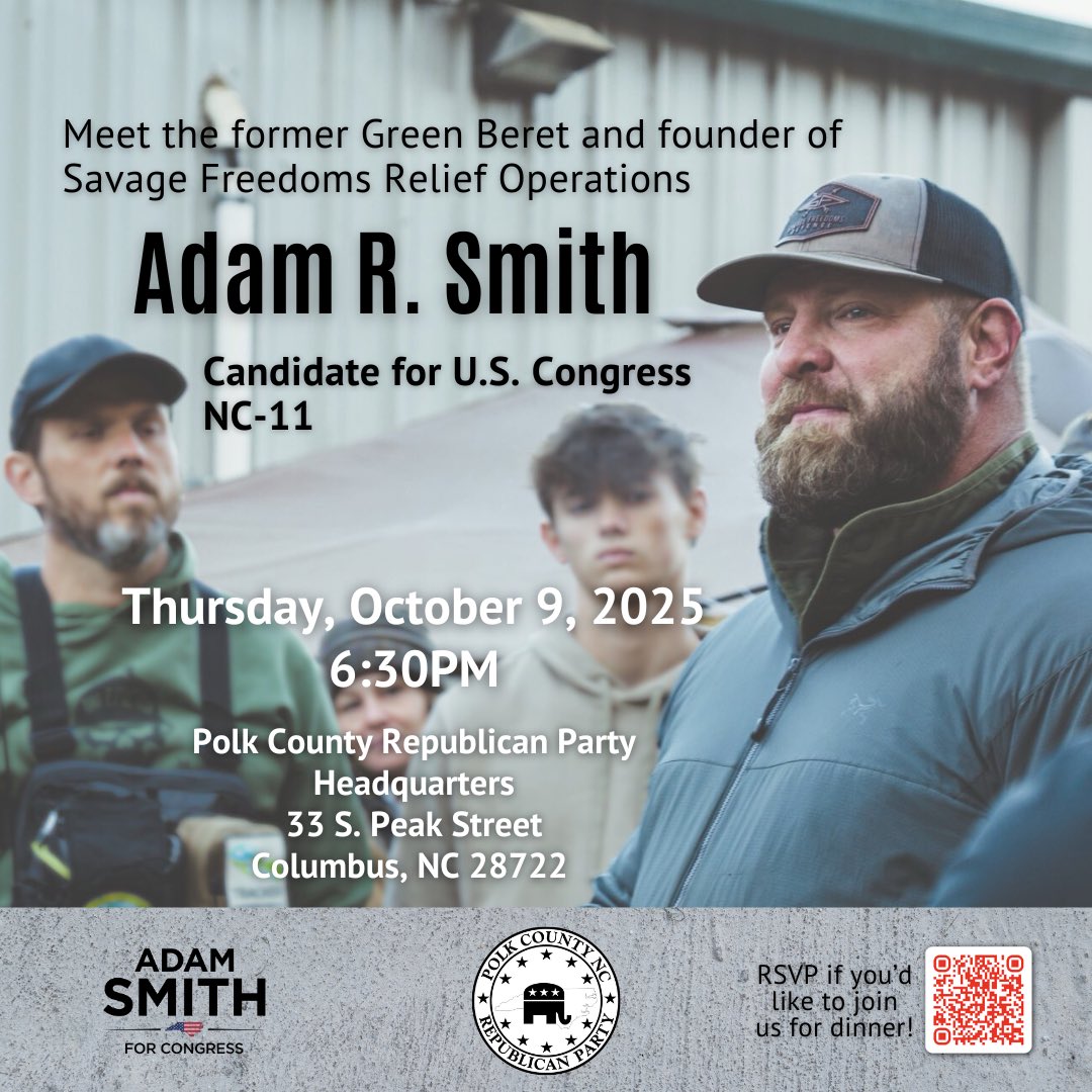 polkncgop's tweet image. Meet and Greet with @adamrsmithfornc next week in Polk County! Visit adamrsmithfornc.com for more info.