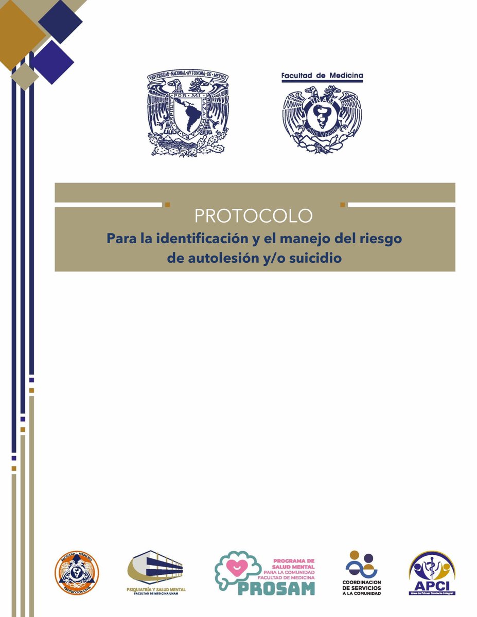 FacMedicinaUNAM's tweet photo. 🔴Protocolo para la Identificación y Manejo del Riesgo de Autolesión y/o Suicidio
En la #FacMed, la seguridad y el bienestar de nuestra comunidad es prioridad.
Consulta el protocolo completo👉 https://t.co/wFzccD8PW5
#SeguridadFacMed #SaludMental #SomosFacMed https://t.co/xuSnkasuOz
