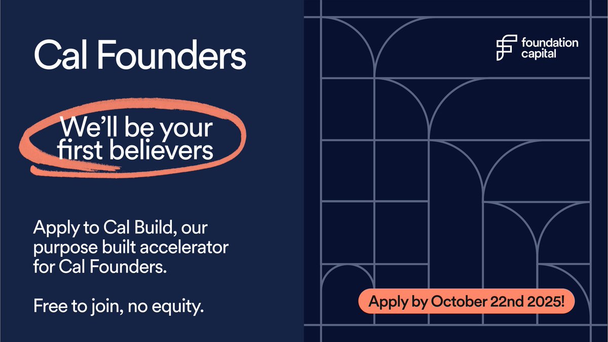 FoundationCap's tweet image. Cal founders, we want to be your first believers.

We’re now recruiting for the 7th cohort of Cal Build, our early-stage, free accelerator for Berkeley founders.

So far, we’ve supported 50+ Cal founders at the earliest stage of their journey. Now we’re looking for 8 more…