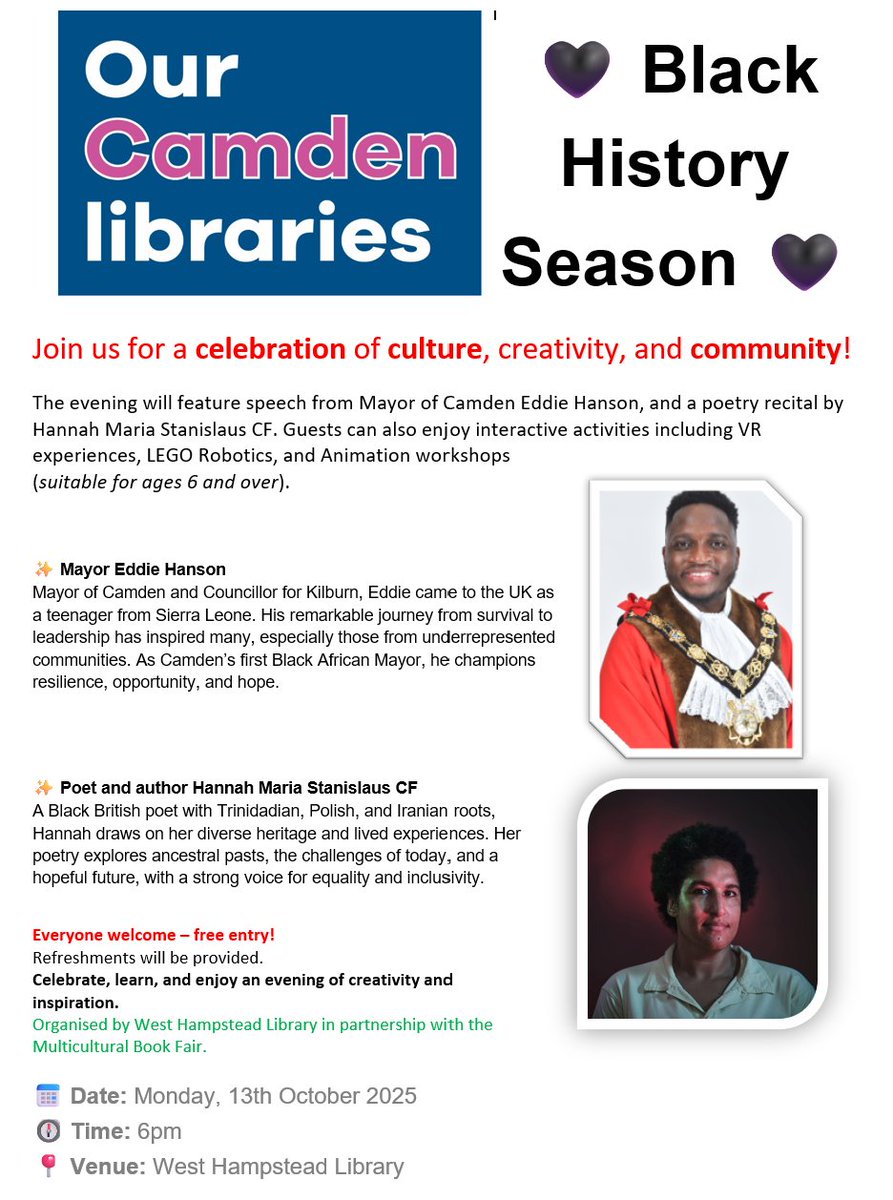 Celebrate Black History Season with us at West Hampstead Library on Monday 13 October at 6pm. Hear from our Mayor Eddie Hanson and Poet Hannah Maria Stanislaus and enjoy some great interactive activities suitable for anyone aged 6 upwards. <a href="/NW6Community/">West Hampstead</a>  @Pramstead