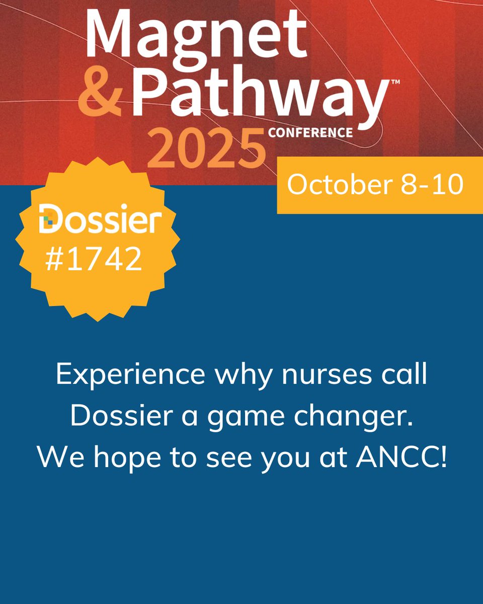 DossierSolution's tweet image. Dossier will be at the 2025 ANCC National Magnet Conference coming up next week 10/8-10/10, come say hello at booth #1742 and see why nurses call Dossier a gamechanger!

 #HealthTech #Healthcare #CompetencyManagement #Efficiency #HealthcareInnovation #Dossier
