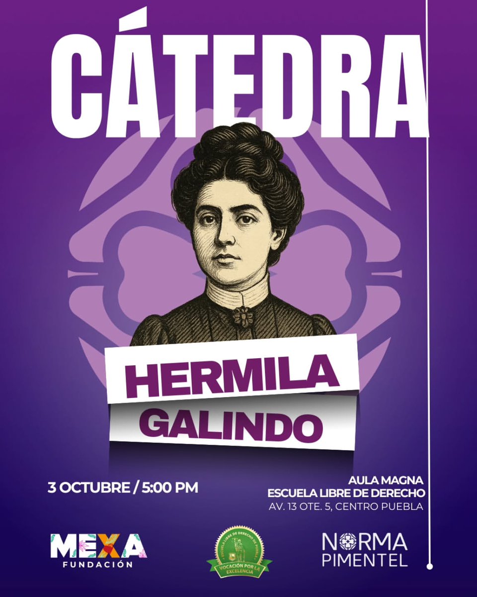📚✨ Este viernes 03 de octubre a las 17:00 hrs, en nuestra Aula Magna, se llevará a cabo la Cátedra “Hermila Galindo”, moderada por la Dra. <a href="/NormaPimentelMx/">Dra. Norma Pimentel</a>  , Diputada Local del Distrito 9.