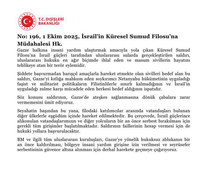 sharifulkhan110's tweet photo. Sumud flotilla attack terrorism: Turkey

Turkey's Foreign Ministry said it strongly condemned the Israeli naval attack on the Global Sumud flotilla.

Türkiye called the incident an act of terrorism. https://t.co/wwY8UXN6TP