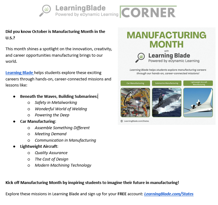 Did you know that October is Manufacturing Month in the U.S? Learning Blade is excited to highlight how their resources can support educators during Manufacturing Month! edynamiclearning.com/states-learnin…