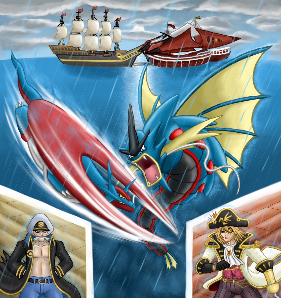 scromarius's tweet photo. Pokemon battle of Eizen and Mega Gyarados vs. Drake and Mega Salamence in the middle of the sea
#Pokemon #Pokemonfanart https://t.co/NXy3ygfuoI