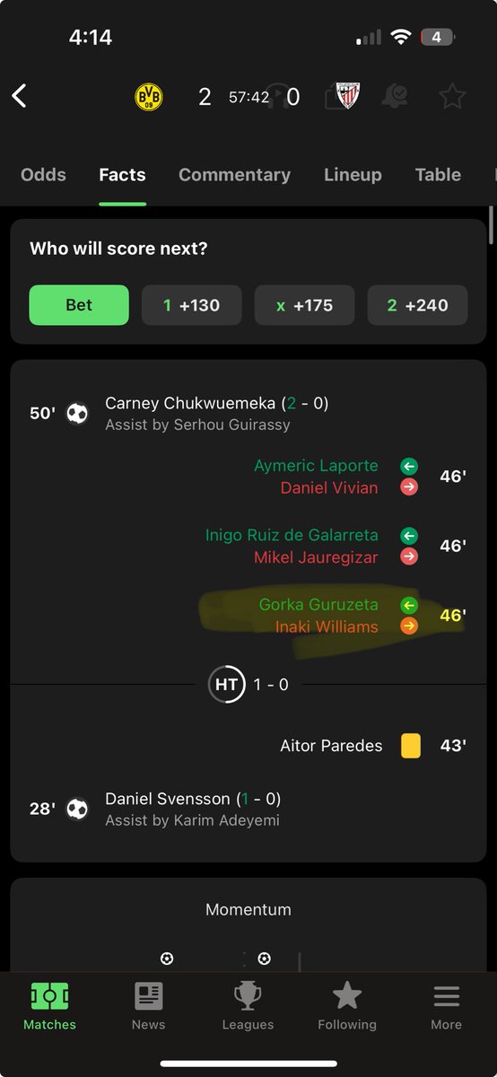 MarriedDisc's tweet photo. @bet365help 

fix the Substitute for Dortmund vs Athletic Club. Inaki Williams, subbed out and Guruzeta came in for him, Not Jesus Areso WHO IS STILL ON BENCH AND IS A DEFENDER. You are trying to stop cashout option by this obvious mistake. https://t.co/auUzd3GBvQ