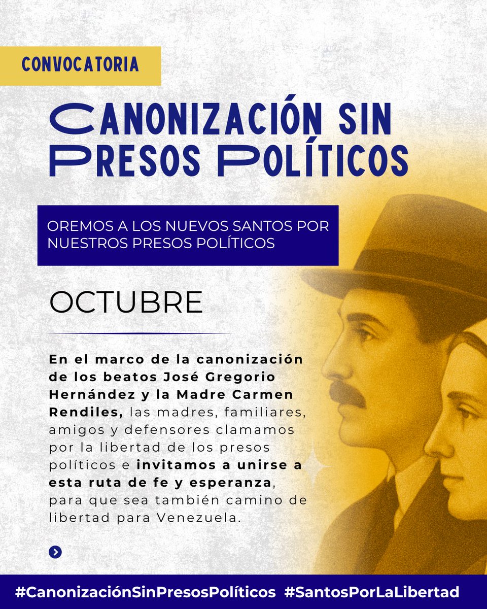 clippve's tweet image. 📣CONVOCATORIA | Campaña por una Canonización en Libertad

La canonización de los beatos José Gregorio Hernández y Carmen Rendiles es un signo de esperanza que refleja la fe y el sentir del pueblo venezolano. Inspirados en sus vidas de servicio, compasión y justicia, esta…