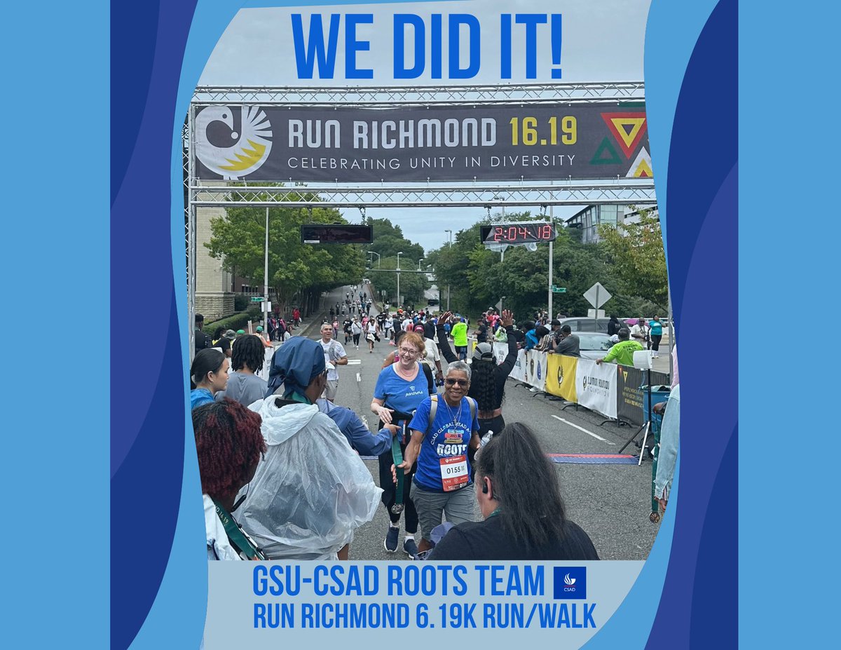 CSADatGSU's tweet photo. The GSU CSAD Roots Team–Dr. Elizabeth West, Dr. Renee Schatteman &amp; GRA Carla Gomez–joined a thousand+ participants for the Djimon Hounsou Foundation's 4th annual Run Richmond 16.19, securing medals as they crossed the 6.19k run/walk line! #runrichmond1619 #csadreads #thestateway https://t.co/tCwOcy7ADM