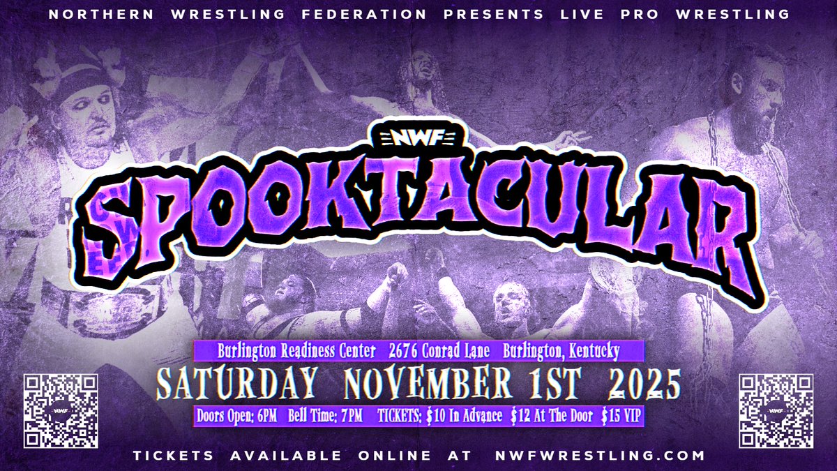 ONE MONTH AWAY!!

Join us on November 1st at the National Guard Readiness Center in Burlington, KY for #Spooktacular!

Tickets are on sale at nwfwrestling.com/events!

🚪: 6 pm
🔔: 7 pm