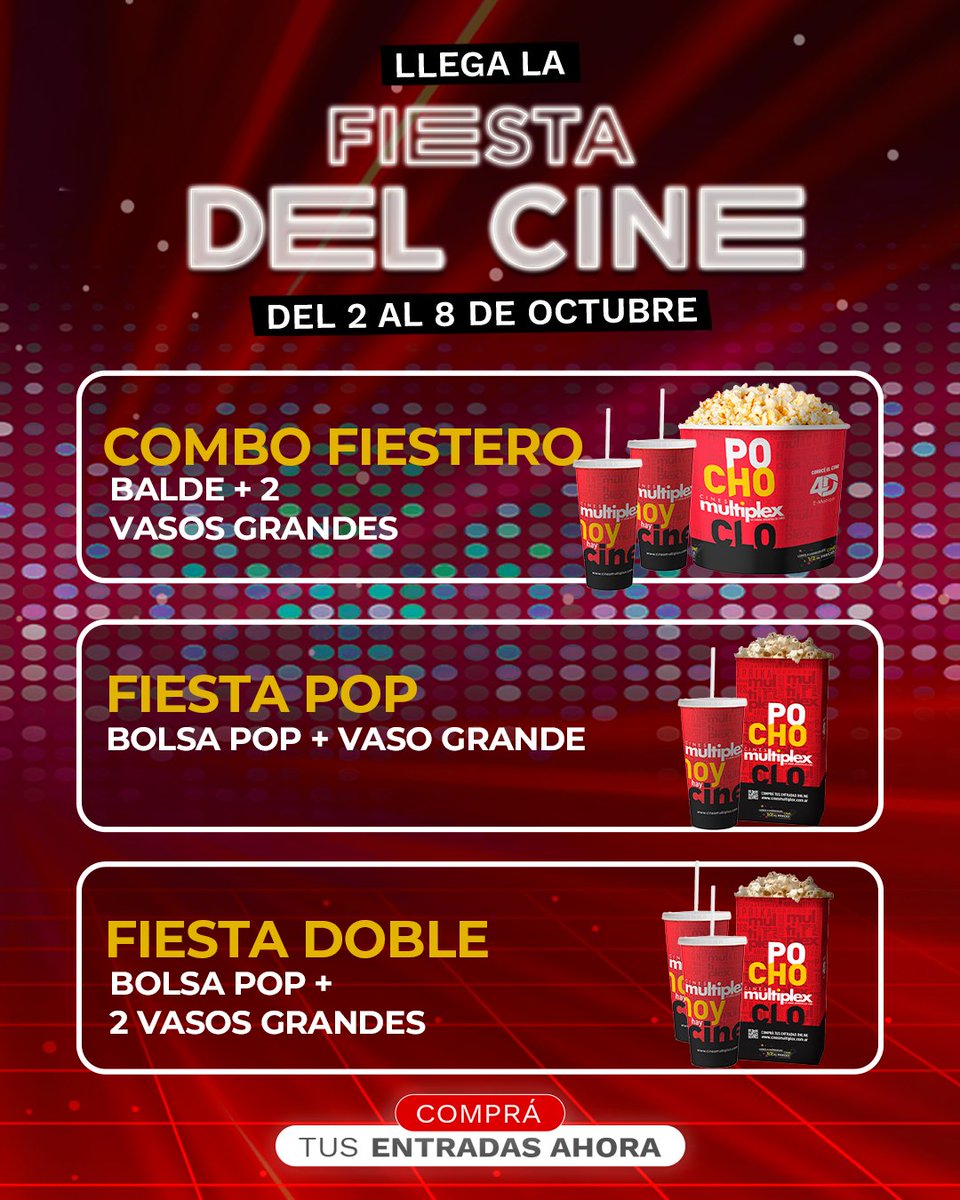 Volvió la FIESTA DEL CINE a Multiplex ✨🎬 Para disfrutar a FULL de las mejores pelis y a precios increíbles!
🎞️ Salas 2D, 3D, Xtremo, 4K Láser y ComfortPlusPlus ➡️ $4000
🎞️ Salas 4D y Platinum ➡️ $8000
🍿Combos mega accesibles!
Del 2 al 8 de octubre. ¡No te la pierdas!