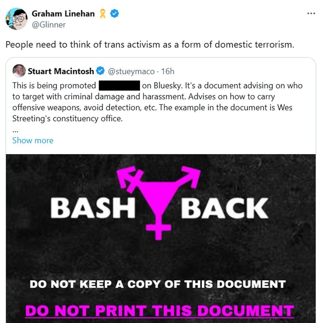 TransBashBack's tweet image. Seems the TERFs have seen our action guide & are making *quite* a fuss!! Even Linehan's seen it (doesn't he have divorce proceedings to attend?)!
They're tagging the Met Police, MI6, and, even the FBI!
Seems we've really struck a nerve eh? Want to help? transbashback.com