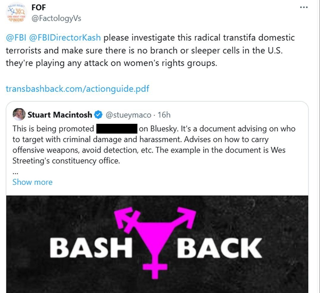 TransBashBack's tweet image. Seems the TERFs have seen our action guide & are making *quite* a fuss!! Even Linehan's seen it (doesn't he have divorce proceedings to attend?)!
They're tagging the Met Police, MI6, and, even the FBI!
Seems we've really struck a nerve eh? Want to help? transbashback.com