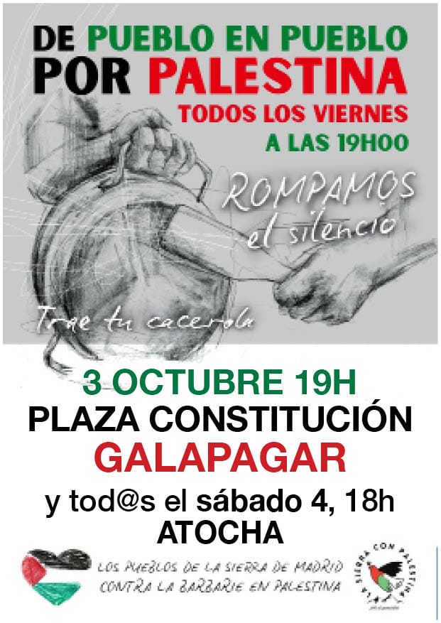 🇵🇸 La solidaridad es la ternura de los pueblos. No seamos cómplices del genocidio. ¡Sal a la calle!

De pueblo en pueblo, por Palestina 
3 octubre 
19:00 
Plaza de la Constitución 
Trae tu cacerola 

#FreePalestine #StopGenocideinPalastine #Palestina