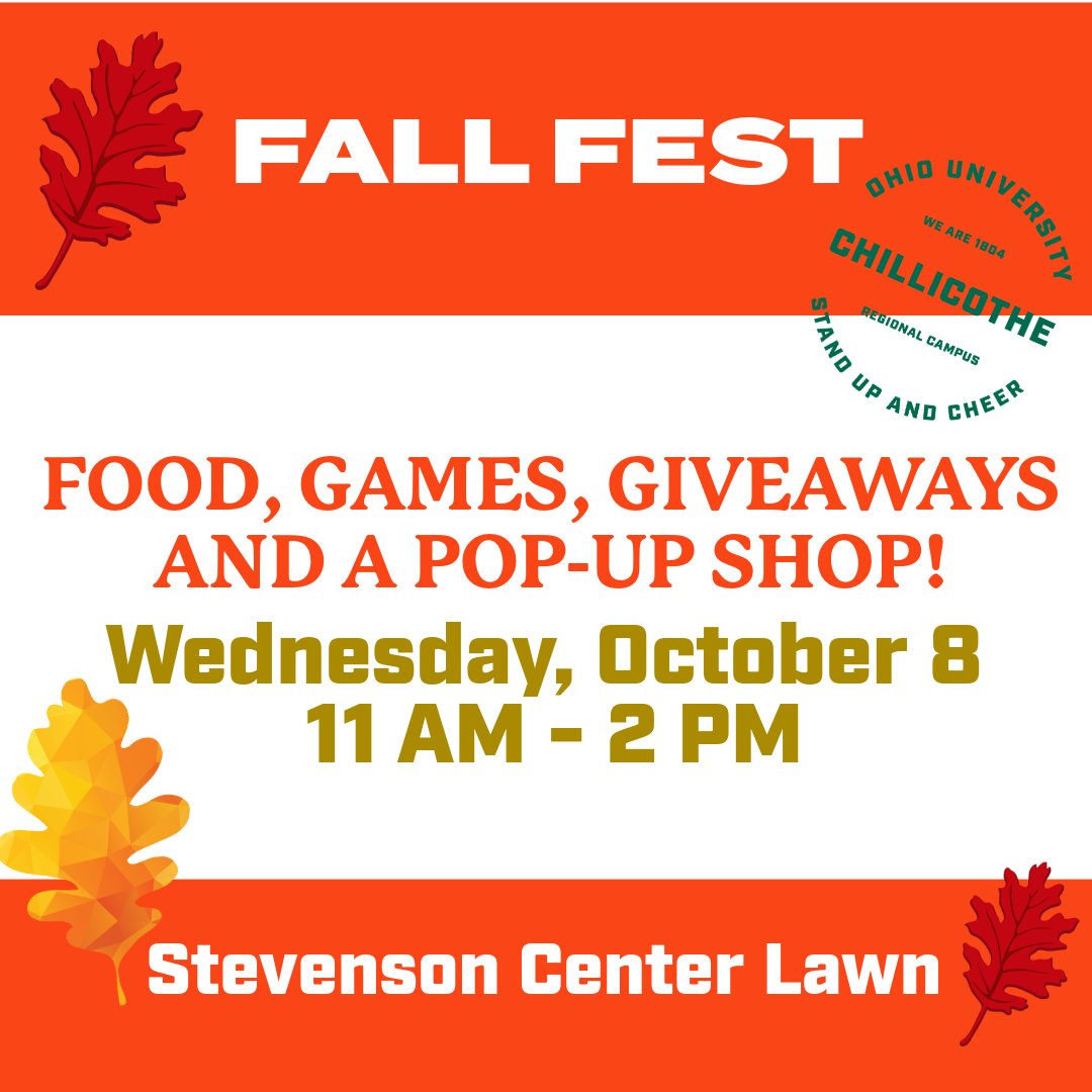 Fall is here! Join us next Wednesday for food, friends and fun at Fall Fest outside Stevenson Center. Stock up on your OHIO gear at Hometown Apparel's pop-up shop in the Bennett Hall Lobby.