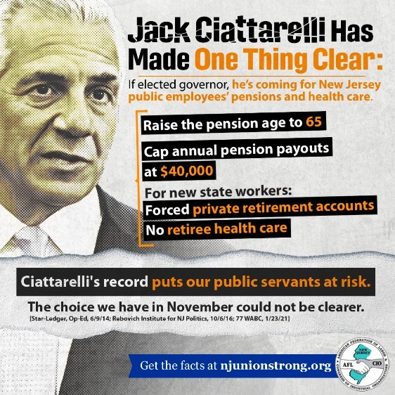 CWADistrict1's tweet photo. Jack Ciattarelli has made it clear: if elected, he’ll target public employees’ pensions, health care, and jobs—slashing benefits, raising the pension age, and cutting thousands of positions. #UnionStrongNJ #StopCiattarelli #NJAFLCIO #CodeU https://t.co/InTHsSSDgi