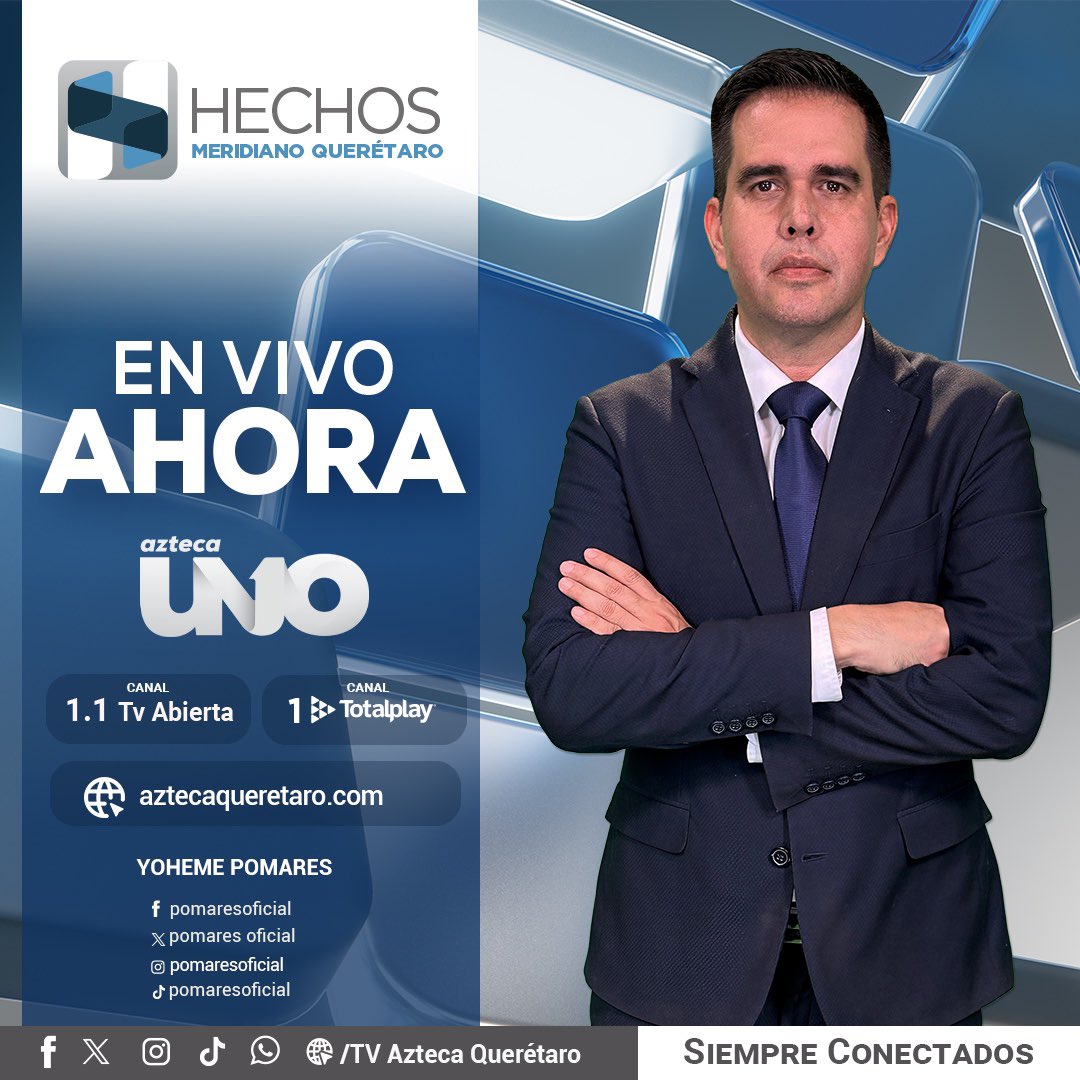 ¡Ya estamos al aire!

No te pierdas #Hechos #Meridiano #Querétaro con Yoheme Pomares, donde te presentamos las noticias más relevantes y comentadas del momento.
Recuerda que también estamos en vivo a través de nuestra página de Facebook: TV Azteca Querétaro.