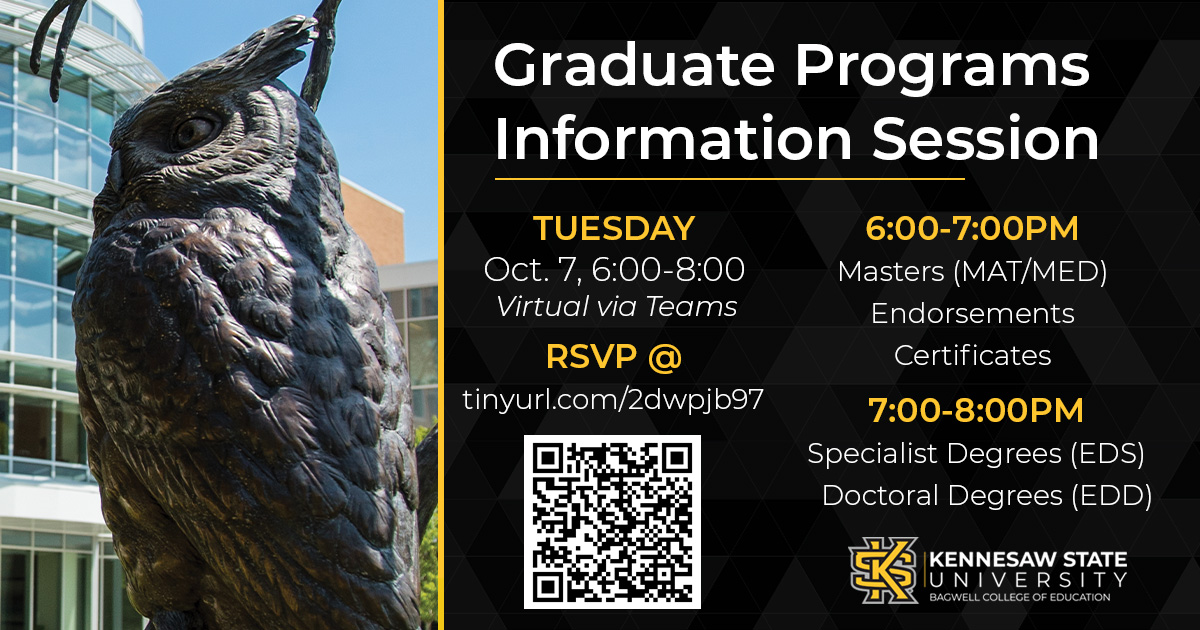 Are you ready to #DegreeUp in education? 🎓 Join us for our Graduate Information Session on October 7th - don’t miss your chance to learn more about advancing your career! 💛🦉
#DegreeUp at #KSU and the #BagwellCollegeofEducation