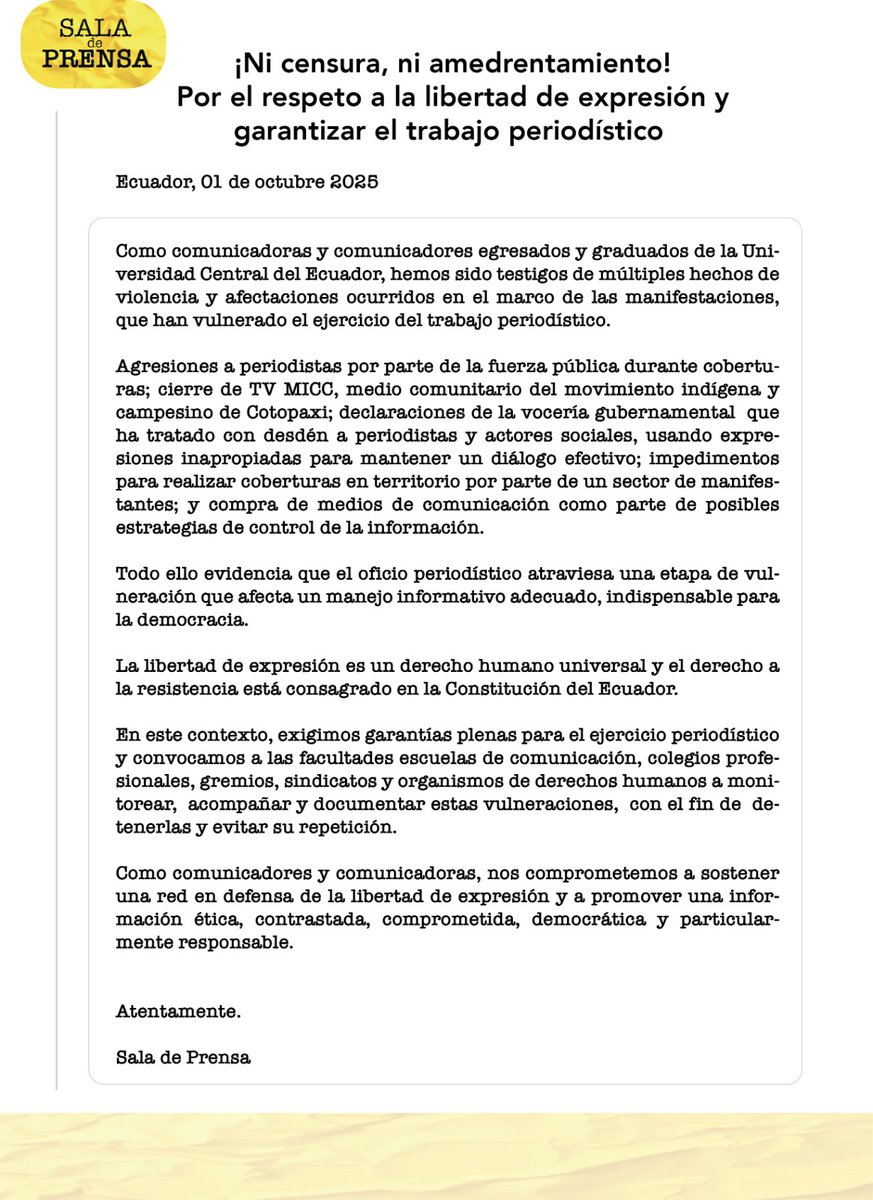 Las y los comunicadores sociales que se graduaron en la Facultad de Comunicación Social de la Universidad Central del Ecuador, de distintas generaciones, decidieron juntarse y crear un colectivo denominado Sala de Prensa. 
#ParoNacional2025 #Ecuador