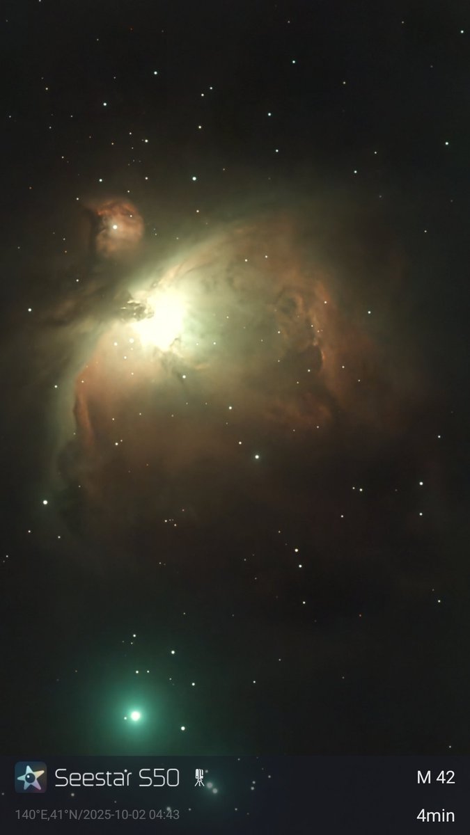 takku2's tweet image. 今朝もレモン彗星、オリオン大星雲
#レモン彗星 #c2025a6lemmon #comet #オリオン大星雲 #m42 #orionnebula #乙部町 #otobe #はこだて天文宇宙クラブ #seestar