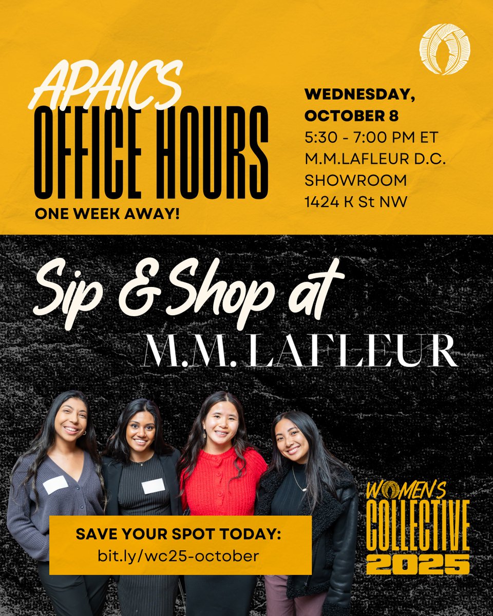APAICS's tweet image. The Women’s Collective Sip & Shop at M.M.LaFleur is just ONE week away on October 8! Join us to connect with fellow women leaders and take your professional wardrobe to the next level with exclusive styling & special pricing. 🛍️
Reserve your spot at bit.ly/wc25-october!