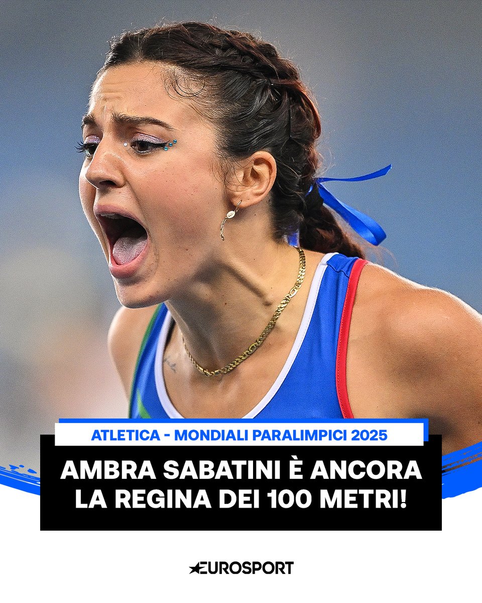 AMBRA SABATINI LA PIÙ VELOCE DEL MONDOOOO! 💙🥇🌍

🇮🇹L'Azzurra ha conquistato l'oro nei 100 metri T63 ai Mondiali di Para atletica di Nuova Delhi. A due anni dal trionfo iridato di Parigi, la campionessa mondiale si è imposta con 14"39!