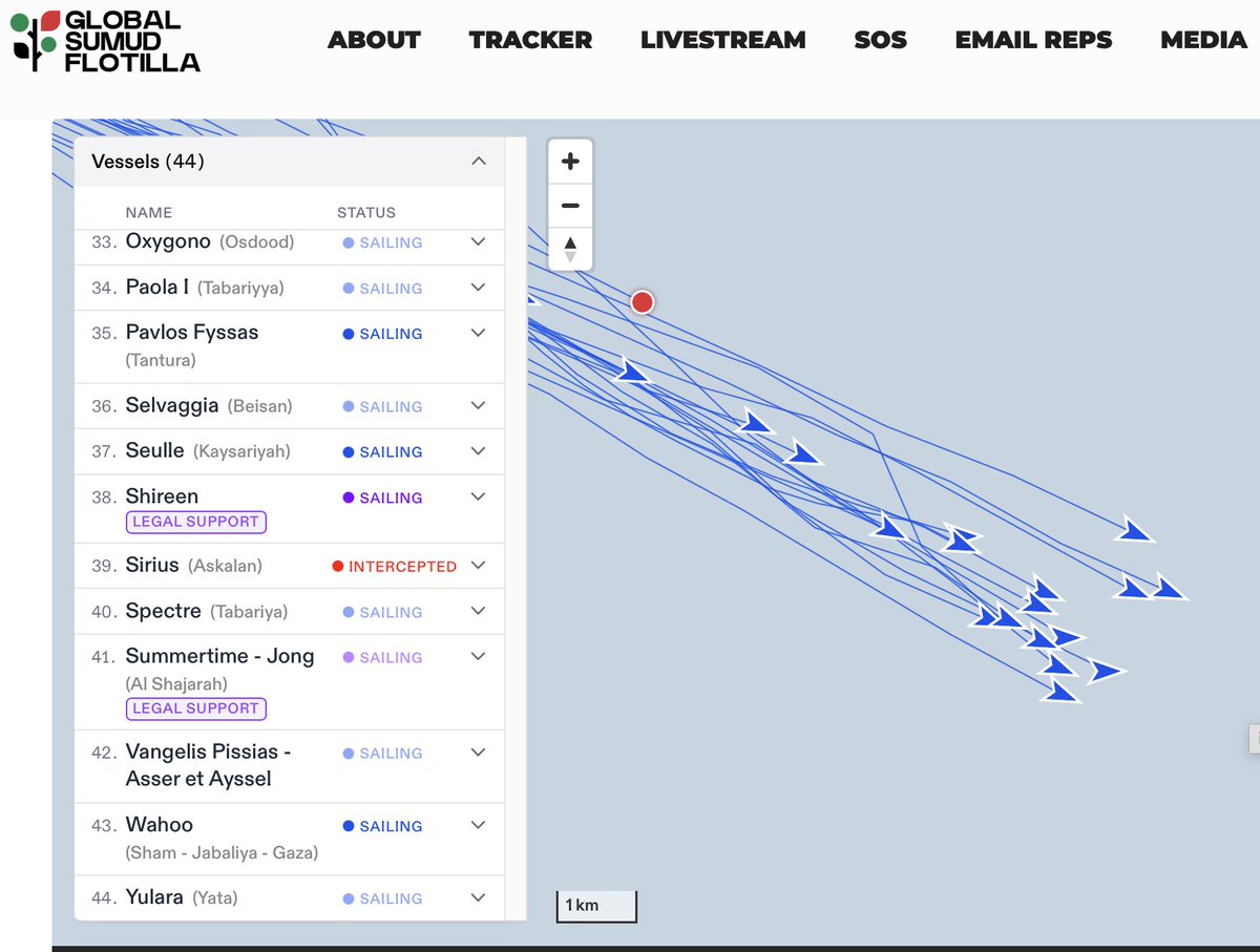 Tarihi bir gece. Elimden geleni yaptım demek için yola çıkan güzel insanların filosu... Flotilla tracker #sumud #MyAgendaSumud #GazaGenocide 
globalsumudflotilla.org/tracker/