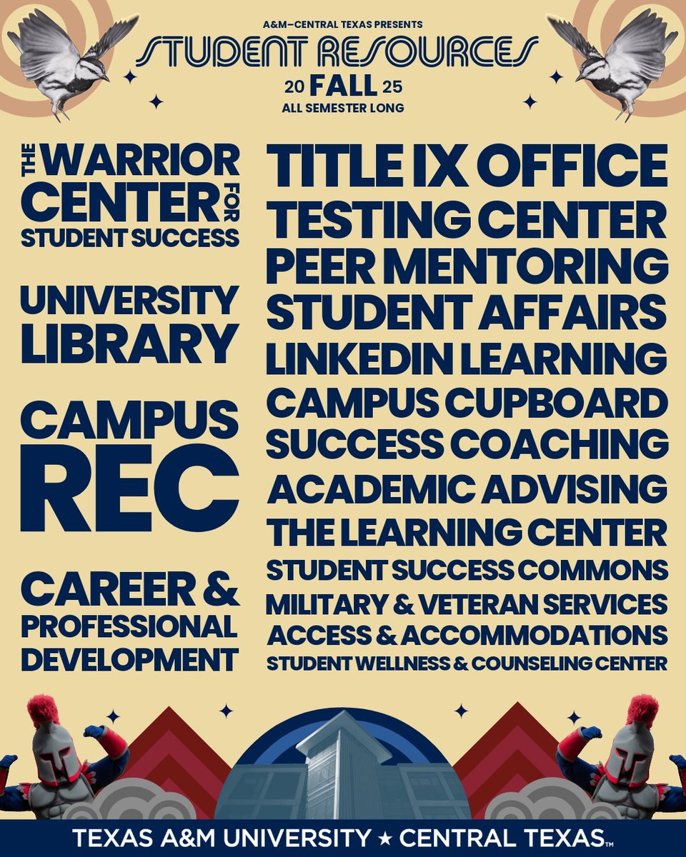 The hottest lineup this fall isn’t at ACL. It’s right here at A&amp;M–Central Texas.📍

From tutoring and success coaching to career development, wellness support, and more, our campus services are here to help Warriors succeed in every way.💪

#TAMUCT #StudentResources #ACL #Killeen