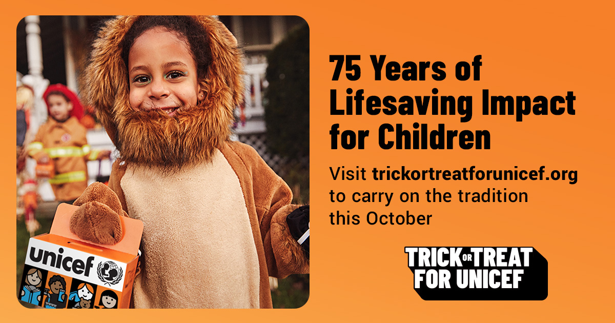 Trick-or-Treat for UNICEF is back! And this year, we’re celebrating 75 years of impact.

This October, add some meaning to your Halloweening. Learn how you can participate all month long in the lead up to Halloween: unicefusa.org/trick-or-treat 🎃