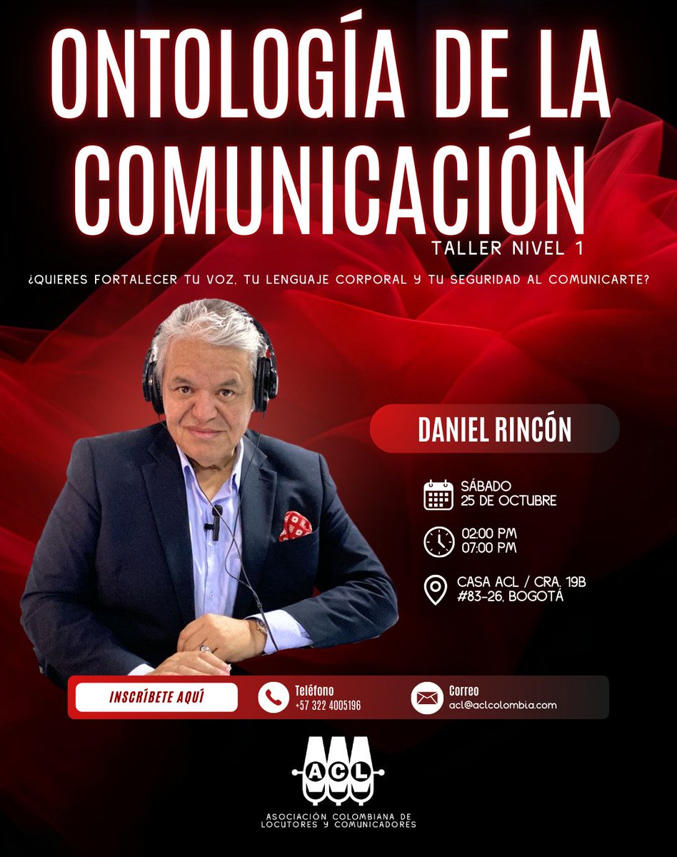 #TalleresACL Haz parte del taller "Ontología de la comunicación" nivel 1, dirigido por nuestro vicepresidente #DanielRincón, en el que aprenderás a comunicar con impacto en entornos virtuales y presenciales. ¡Inscríbete ya! 
📲322 4005196
📅 Sábado 25 de octubre
⏱️2:00-7:00 p.m.