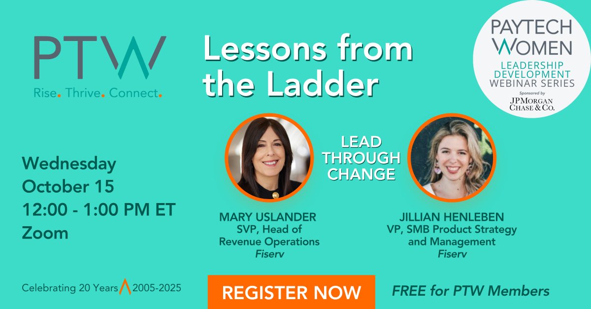 Change is constant. Learn from <a href="/Fiserv/">Fiserv</a> leaders how to turn uncertainty into career growth:
💡 Lessons from the Ladder
📅 Wed., 10/15, 12:00 PM ET
🔗 Register: bit.ly/3WgTh7n
Free for #PTWomen Members - all welcome!
 #paytech #payments #fintech #banking #financialservices