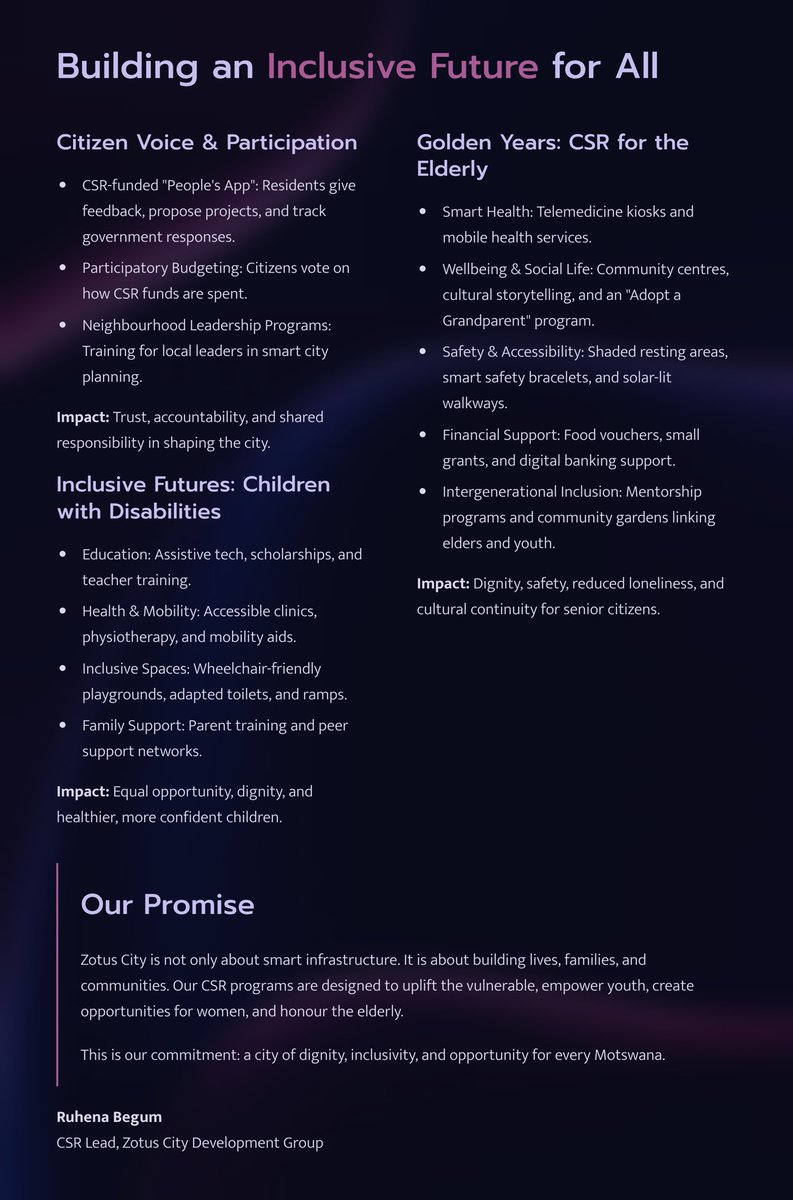 Zotusgroup's tweet photo. At (ZCDG), we believe that progress must be measured not only in infrastructure and investment, but in how it transforms lives. Zotus City is more than a smart city project. It is a vision for opportunity, dignity, and care for every Motswana.

R Begum CSR Lead ZCDG https://t.co/1eINtaDPMf